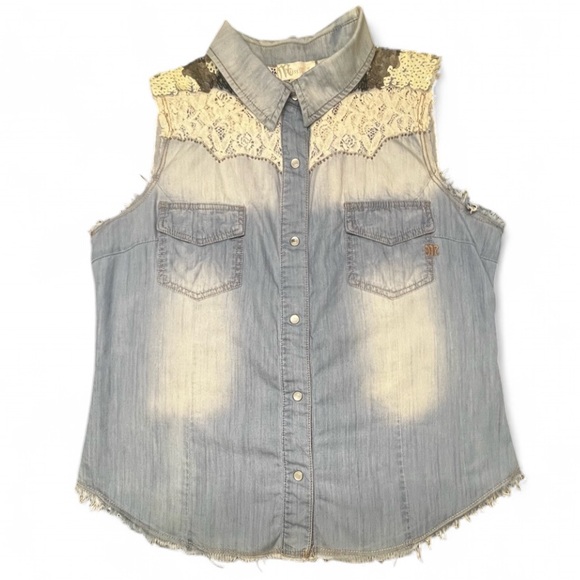 Miss Me Tops - Miss Me Embellished Denim & Lace Top, M-L